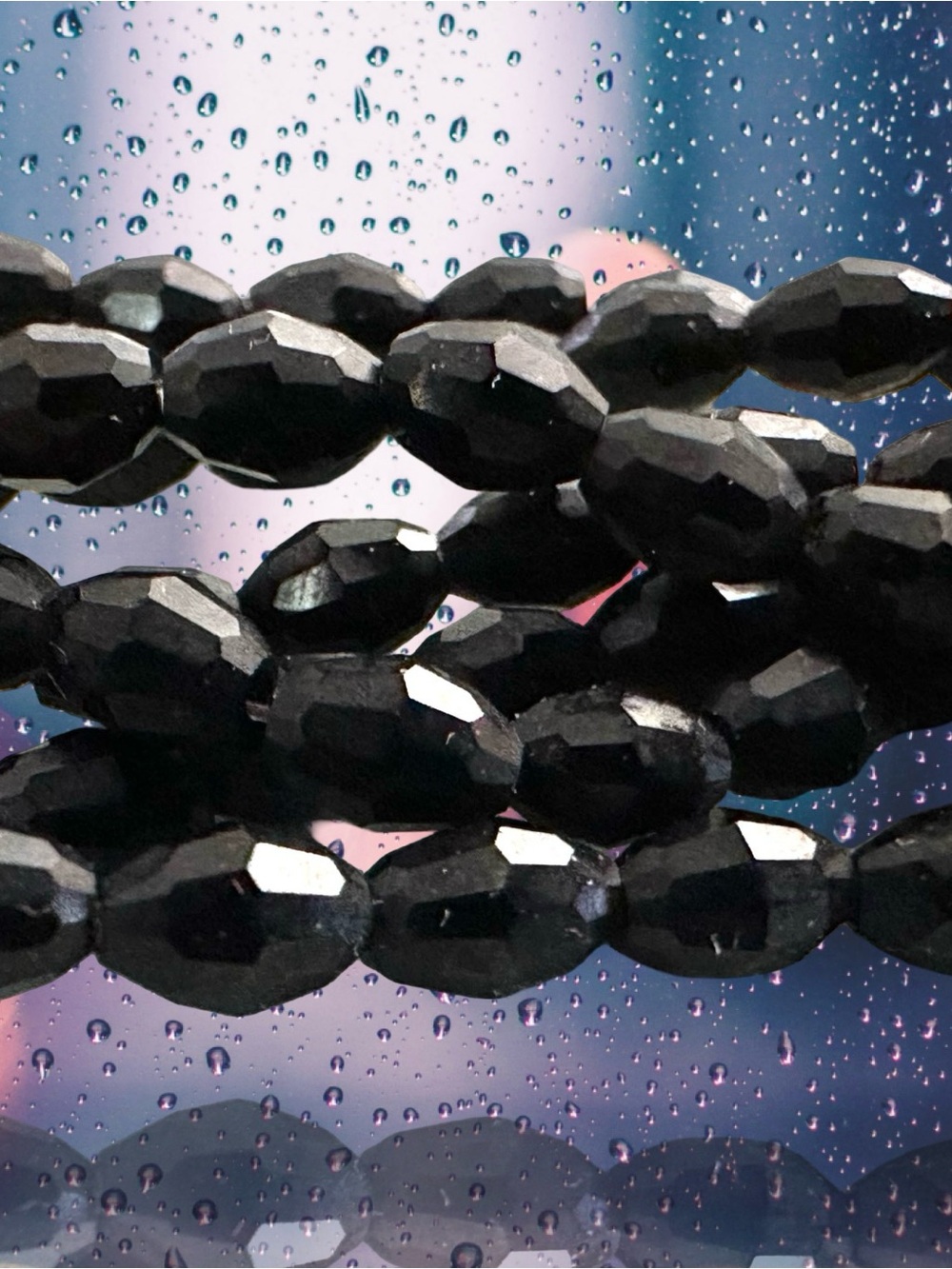 Unique Vintage Faceted Glass Black Bead Strand - 7 Strand Lot